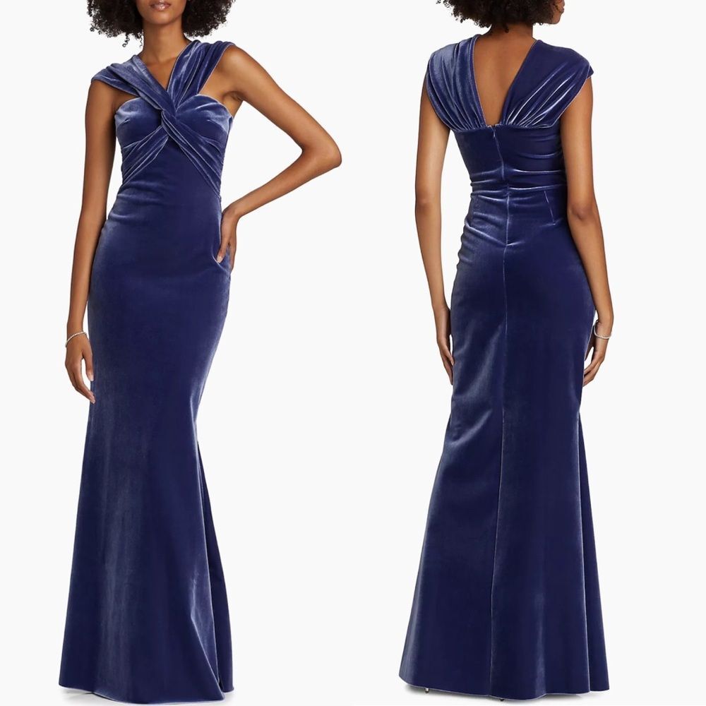 NEW NWT Chiara Boni La Petite Robe Datai Velvet V Neck Gown Myrtille Blue